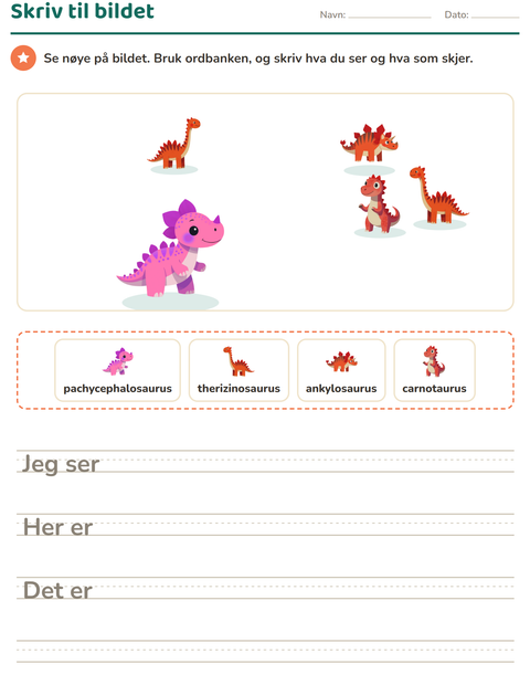 Forhåndsvisning av Skriv til bildet-arbeidsark med Dinosaurer for 2. trinn
