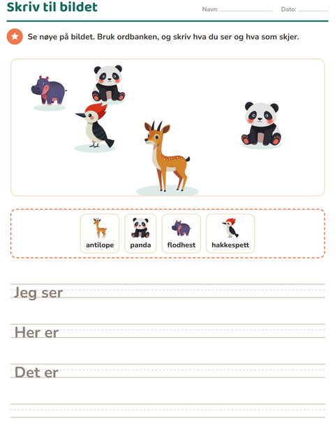 Forhåndsvisning av Skriv til bildet-arbeidsark med Dyr for 2. trinn