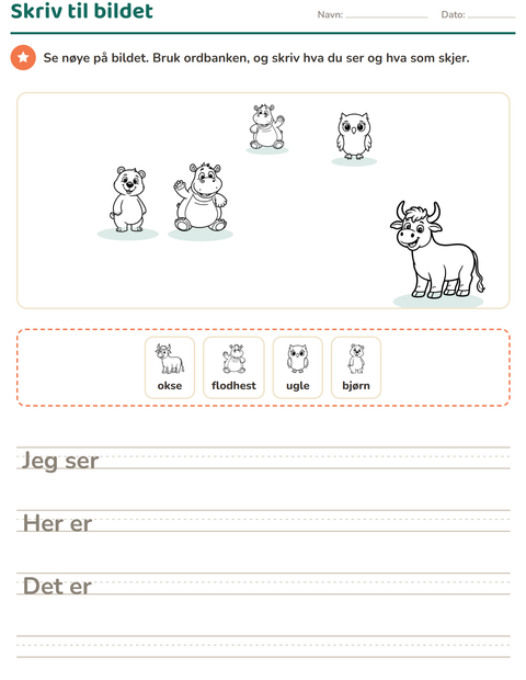 Forhåndsvisning av Skriv til bildet-arbeidsark med Dyr SH for 2. trinn