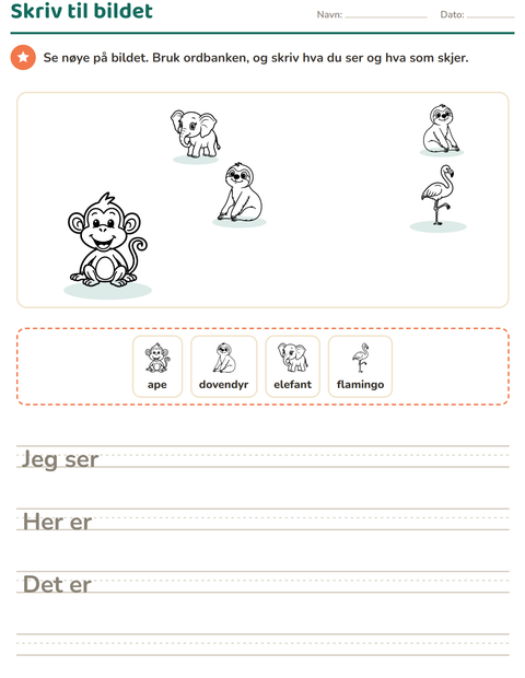 Forhåndsvisning av Skriv til bildet-arbeidsark med Dyrehagedyr SH for 2. trinn
