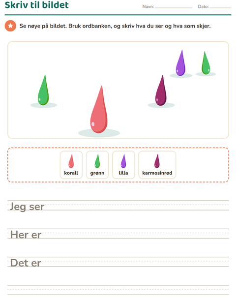 Forhåndsvisning av Skriv til bildet-arbeidsark med Farger for 2. trinn