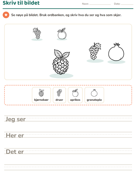 Forhåndsvisning av Skriv til bildet-arbeidsark med Frukter SH for 2. trinn
