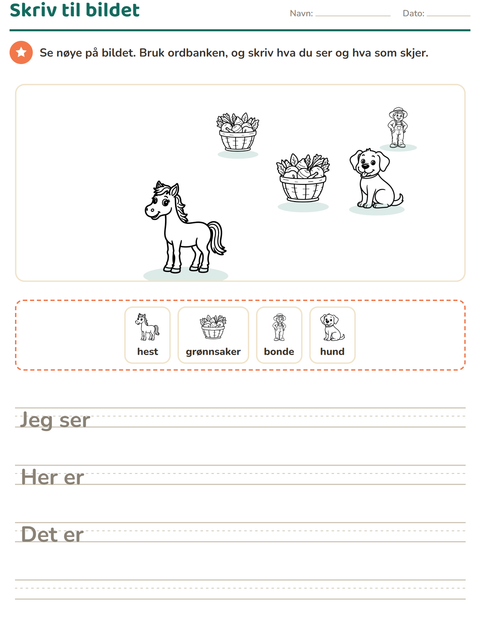 Forhåndsvisning av Skriv til bildet-arbeidsark med Gård SH for 2. trinn
