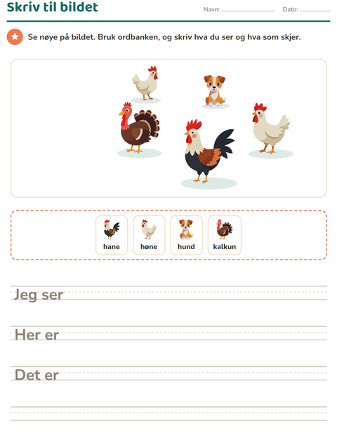Forhåndsvisning av Skriv til bildet-arbeidsark med Gårdsdyr for 2. trinn