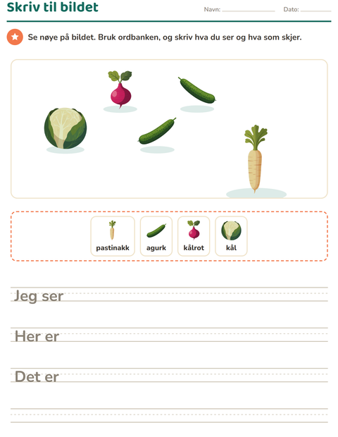 Forhåndsvisning av Skriv til bildet-arbeidsark med Grønnsaker for 2. trinn