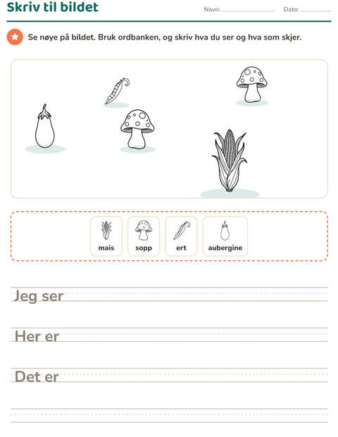 Forhåndsvisning av Skriv til bildet-arbeidsark med Grønnsaker SH 2 for 2. trinn