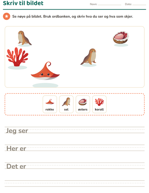 Forhåndsvisning av Skriv til bildet-arbeidsark med Havliv for 2. trinn