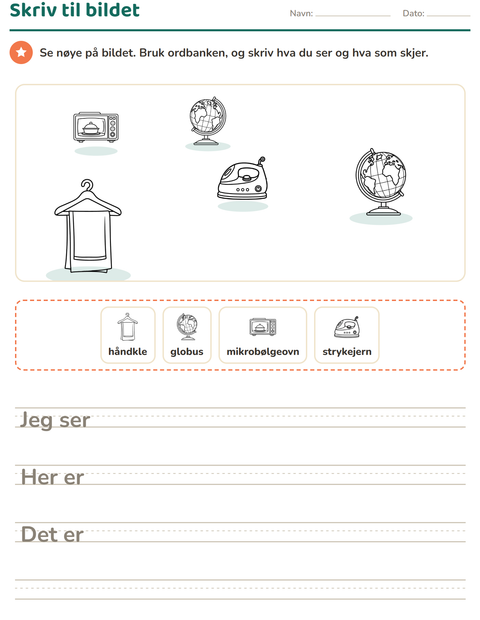 Forhåndsvisning av Skriv til bildet-arbeidsark med Husholdning SH for 2. trinn