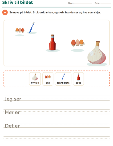 Forhåndsvisning av Skriv til bildet-arbeidsark med I supermarkedet for 2. trinn