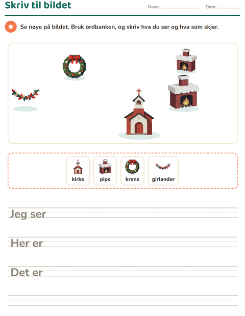 Forhåndsvisning av Skriv til bildet-arbeidsark med Jul for 2. trinn
