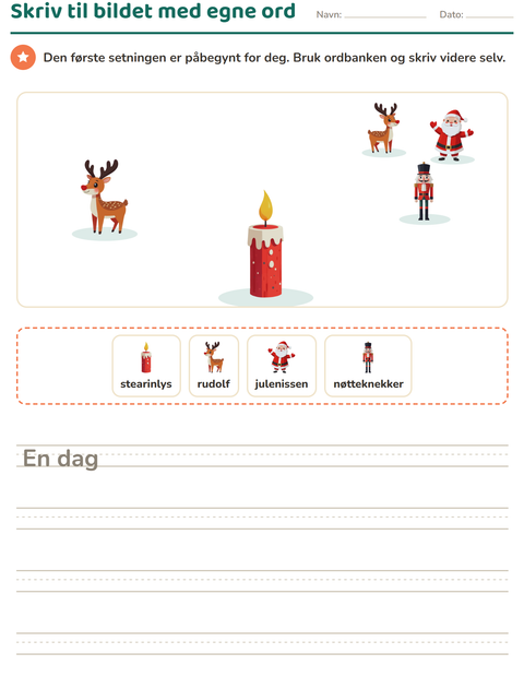 Forhåndsvisning av Skriv til bildet-arbeidsark med Jul for 2. trinn