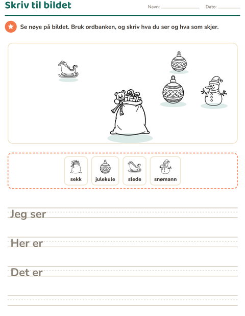 Forhåndsvisning av Skriv til bildet-arbeidsark med Jul S/H 2 for 2. trinn