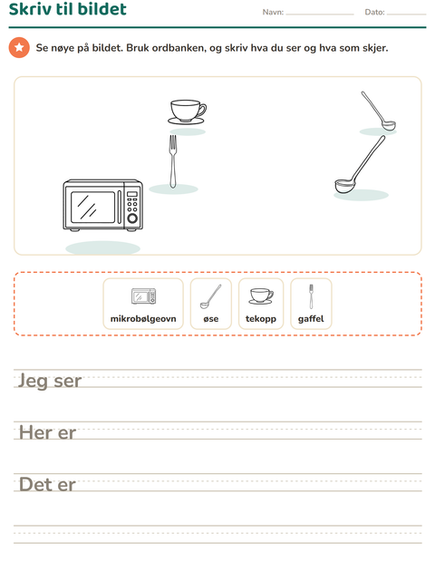 Forhåndsvisning av Skriv til bildet-arbeidsark med Kjøkken SH for 2. trinn
