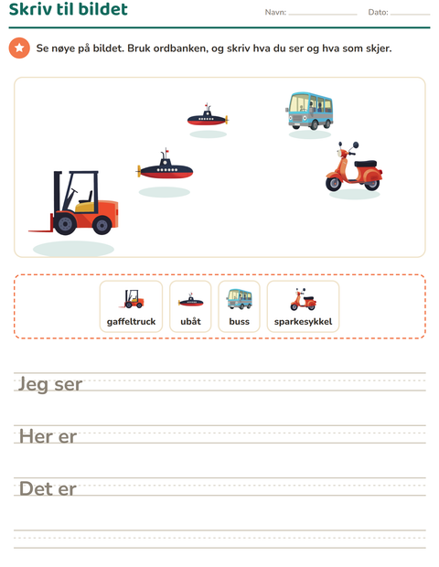Forhåndsvisning av Skriv til bildet-arbeidsark med Kjøretøy for 2. trinn