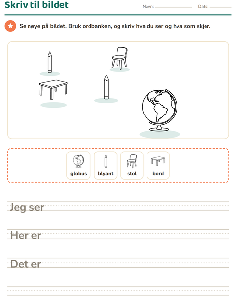 Forhåndsvisning av Skriv til bildet-arbeidsark med Klasserom 2 (S/H) for 2. trinn