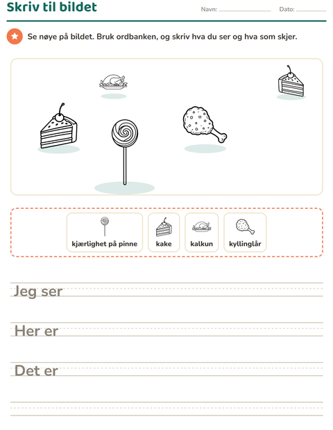 Forhåndsvisning av Skriv til bildet-arbeidsark med Mat SH 2 for 2. trinn