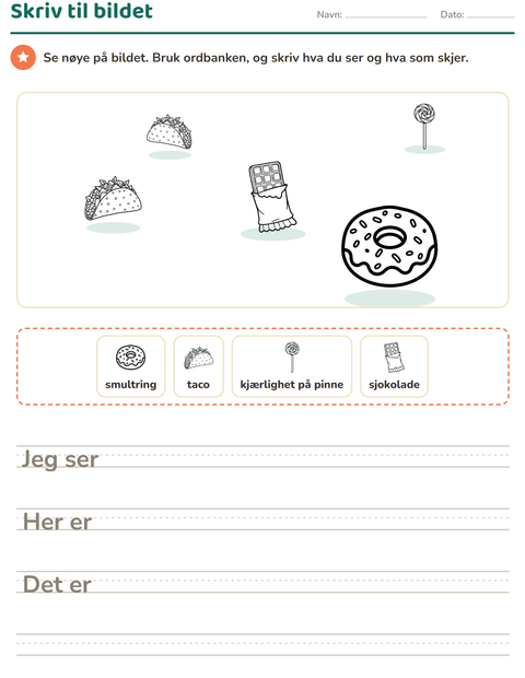 Forhåndsvisning av Skriv til bildet-arbeidsark med Mat SH for 2. trinn