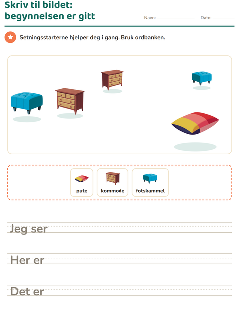 Forhåndsvisning av Skriv til bildet-arbeidsark med Møbler for 2. trinn