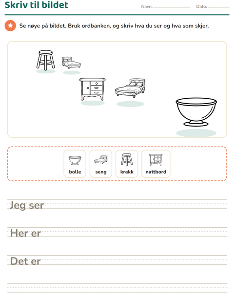 Forhåndsvisning av Skriv til bildet-arbeidsark med Møbler SH for 2. trinn