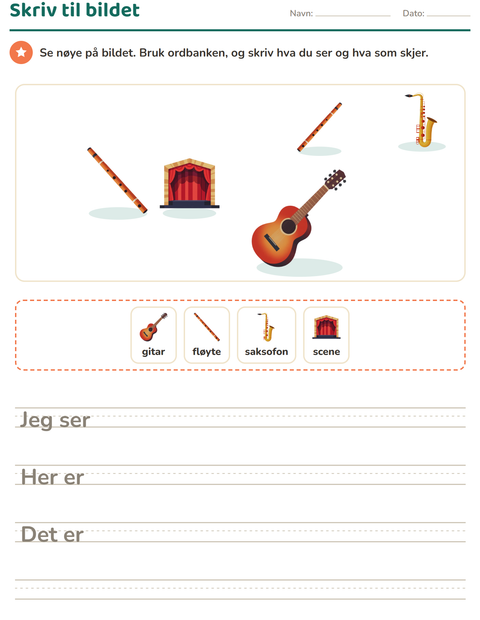 Forhåndsvisning av Skriv til bildet-arbeidsark med Musikk for 2. trinn