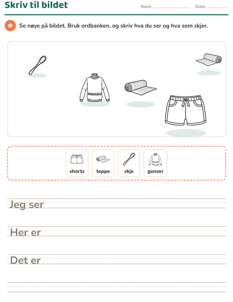 Forhåndsvisning av Skriv til bildet-arbeidsark med Objekter SH for 2. trinn