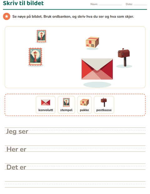 Forhåndsvisning av Skriv til bildet-arbeidsark med Postkontor for 2. trinn
