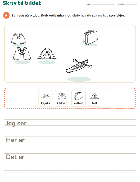 Forhåndsvisning av Skriv til bildet-arbeidsark med Reiser og Ferie SH for 2. trinn
