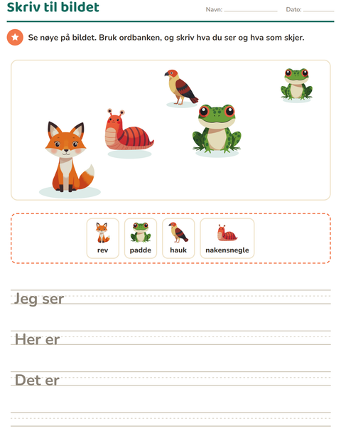 Forhåndsvisning av Skriv til bildet-arbeidsark med Skogsdyr for 2. trinn