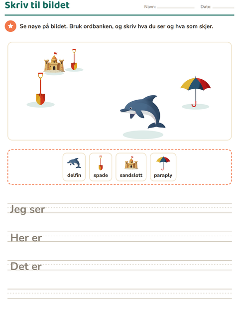 Forhåndsvisning av Skriv til bildet-arbeidsark med Sommer for 2. trinn
