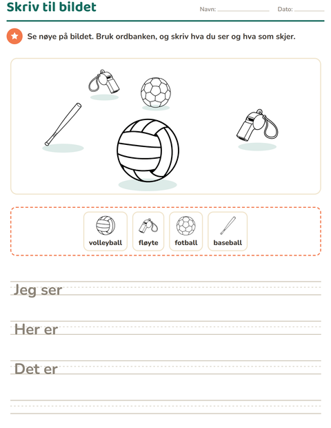 Forhåndsvisning av Skriv til bildet-arbeidsark med Sport SH for 2. trinn