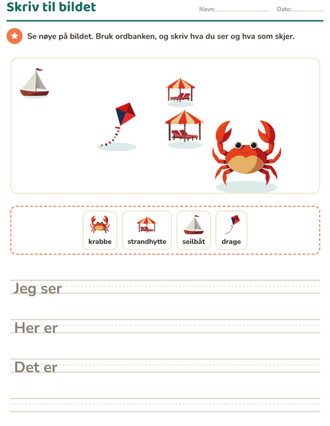 Forhåndsvisning av Skriv til bildet-arbeidsark med Strand for 2. trinn