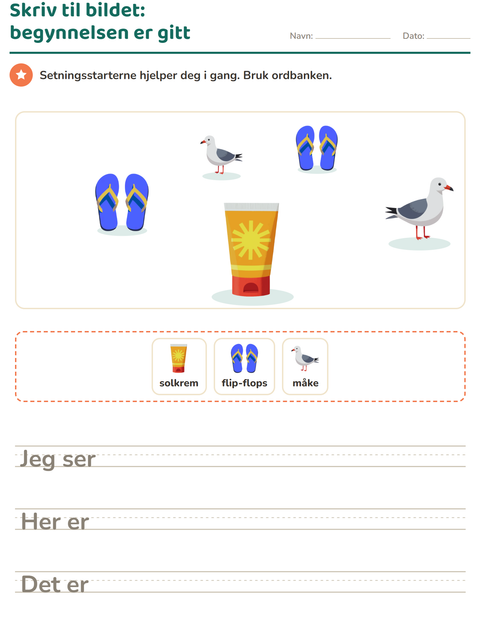 Forhåndsvisning av Skriv til bildet-arbeidsark med Strand for 2. trinn