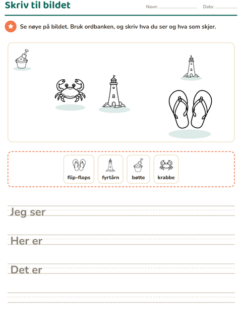 Forhåndsvisning av Skriv til bildet-arbeidsark med Strand SH for 2. trinn