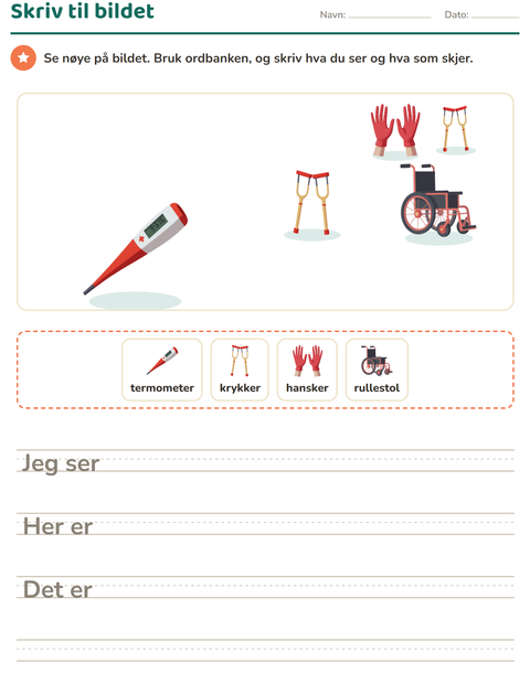 Forhåndsvisning av Skriv til bildet-arbeidsark med Sykehus for 2. trinn