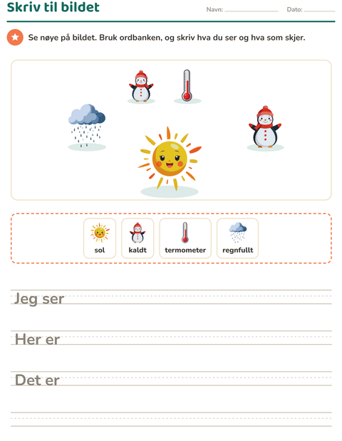 Forhåndsvisning av Skriv til bildet-arbeidsark med Vær for 2. trinn