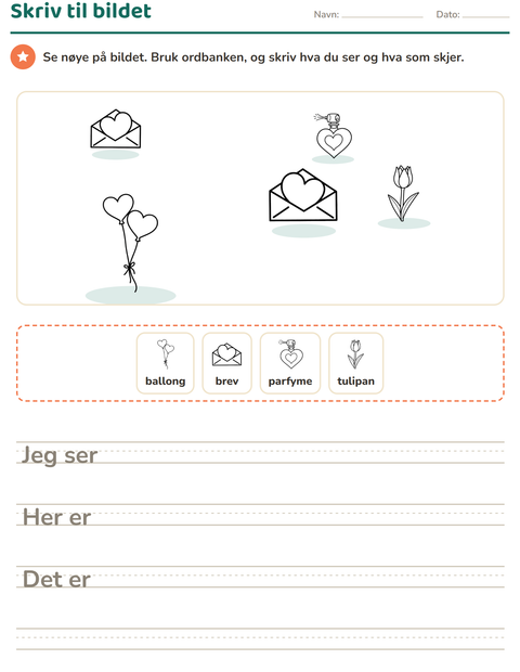 Forhåndsvisning av Skriv til bildet-arbeidsark med Valentinsdag SH 2 for 2. trinn