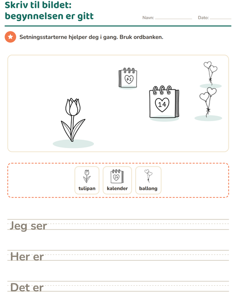 Forhåndsvisning av Skriv til bildet-arbeidsark med Valentinsdag SH 2 for 2. trinn