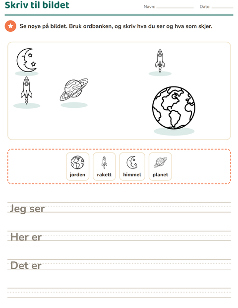 Forhåndsvisning av Skriv til bildet-arbeidsark med Verdensrommet SH for 2. trinn