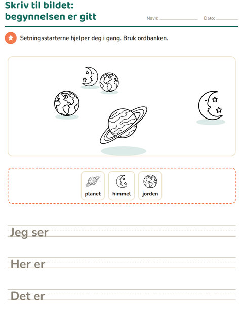 Forhåndsvisning av Skriv til bildet-arbeidsark med Verdensrommet SH for 2. trinn