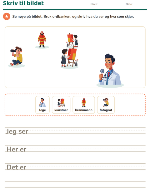 Forhåndsvisning av Skriv til bildet-arbeidsark med Yrker for 2. trinn