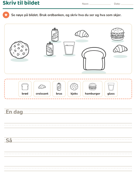 Forhåndsvisning av Skriv til bildet-arbeidsark med Mat SH 3 for 2. trinn
