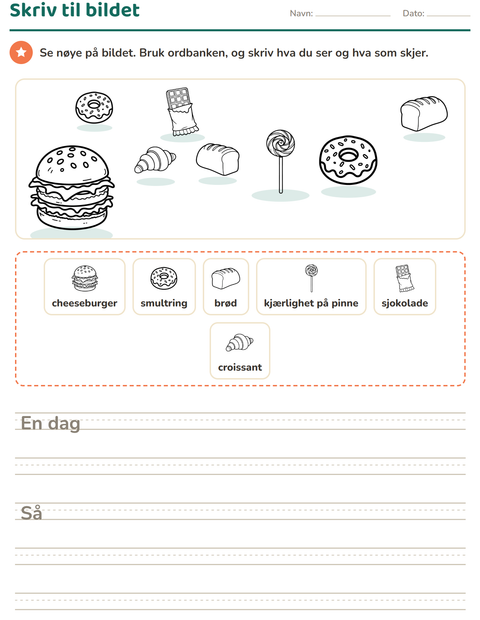 Forhåndsvisning av Skriv til bildet-arbeidsark med Mat SH for 2. trinn