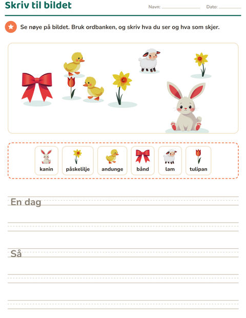 Forhåndsvisning av Skriv til bildet-arbeidsark med Påske for 2. trinn