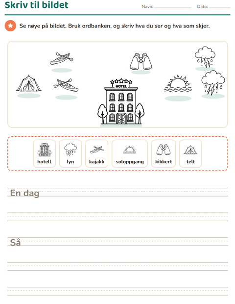 Forhåndsvisning av Skriv til bildet-arbeidsark med Reiser og Ferie SH for 2. trinn