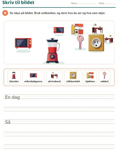 Forhåndsvisning av Skriv til bildet-arbeidsark med Rundt i huset for 2. trinn