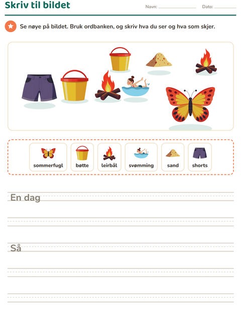 Forhåndsvisning av Skriv til bildet-arbeidsark med Sommer for 2. trinn
