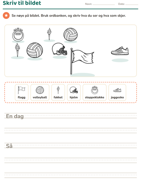 Forhåndsvisning av Skriv til bildet-arbeidsark med Sport SH 2 for 2. trinn