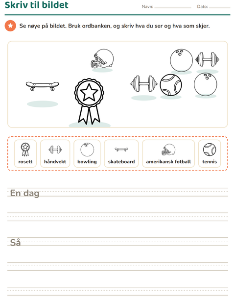 Forhåndsvisning av Skriv til bildet-arbeidsark med Sport SH for 2. trinn
