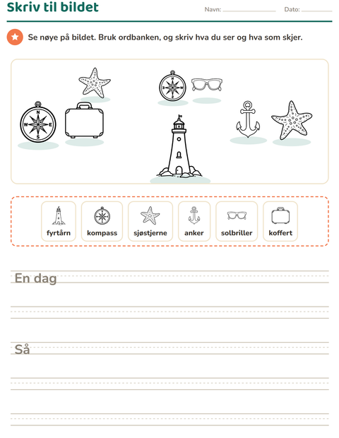 Forhåndsvisning av Skriv til bildet-arbeidsark med Strand SH for 2. trinn