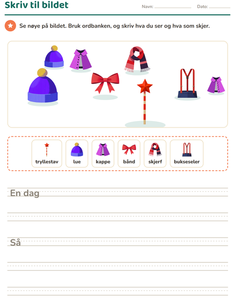 Forhåndsvisning av Skriv til bildet-arbeidsark med Tilbehør for 2. trinn